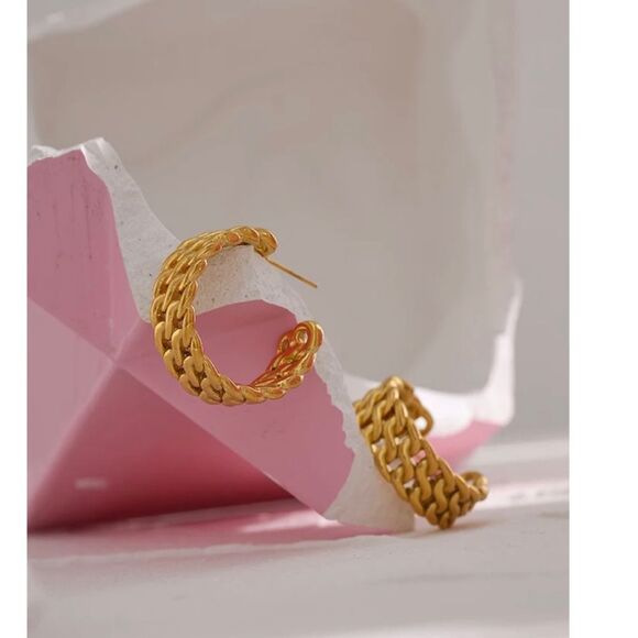 New 18k Gold Chunky Wide Hoop Earrings - Picture 3 of 5